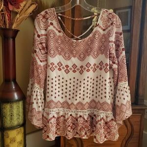 C Women's Boho Multi-Patterned Peplum Blouse